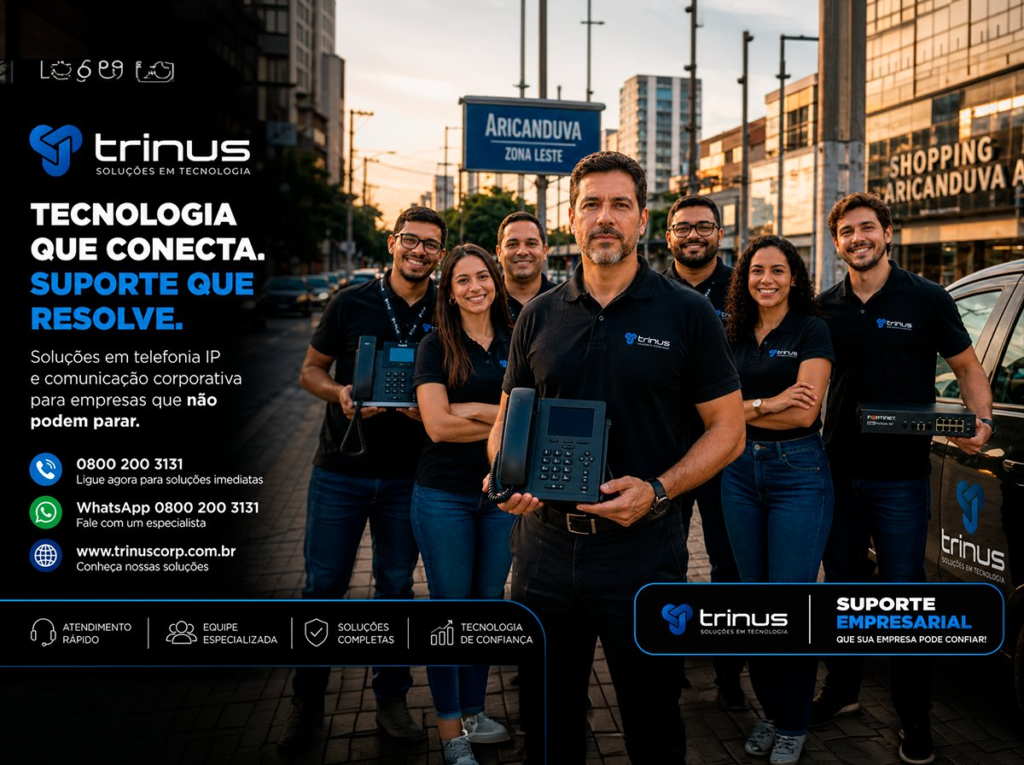Equipe Trinus Corp com aparelhos de telefonia IP e PABX Virtual no Aricanduva Zona Leste