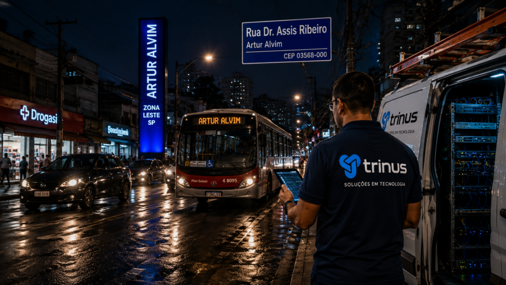 Equipe técnica da Trinus Corp atuando em Artur Alvim com soluções de telecom empresarial e infraestrutura corporativa.
