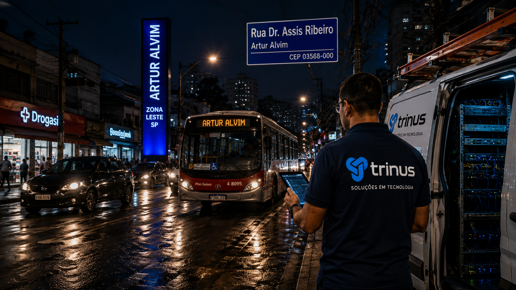 Equipe técnica da Trinus Corp atuando em Artur Alvim com soluções de telecom empresarial e infraestrutura corporativa.