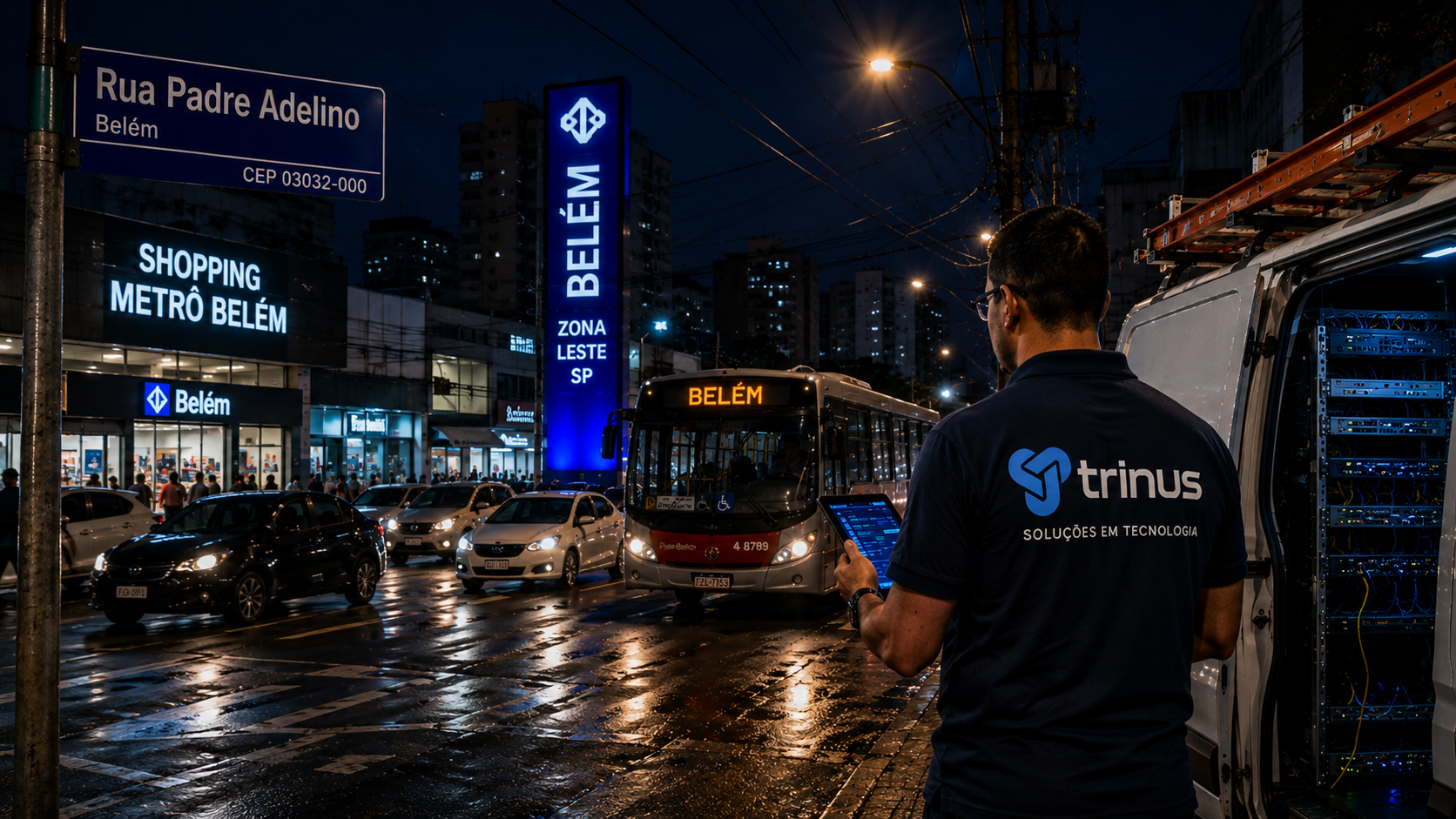 Equipe técnica da Trinus Corp atuando no Belém com soluções de telecom empresarial e infraestrutura corporativa.