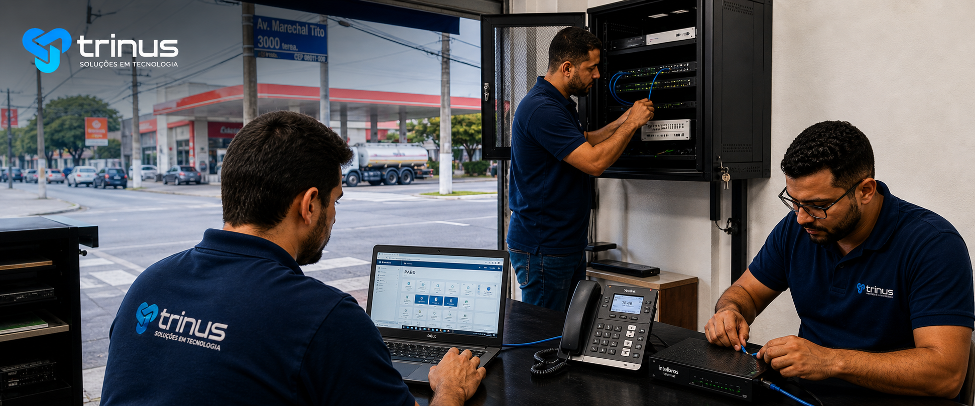 Equipe Trinus instalando PABX IP no Jardim Helena