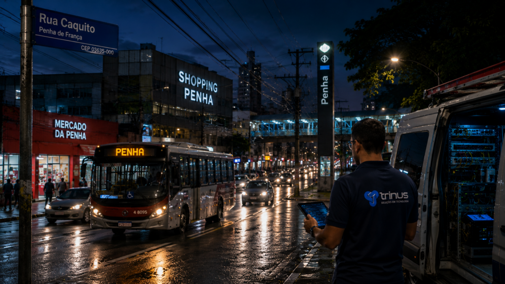 Técnico da Trinus Corp realizando operação de telecom empresarial na Penha, Zona Leste de São Paulo.