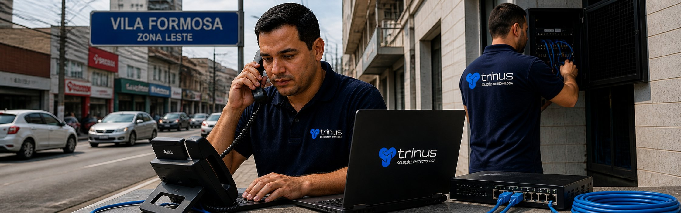 Equipe técnica da Trinus realizando instalação de PABX IP e configuração de telefonia empresarial na Vila Formosa com atendimento local